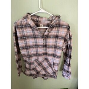 O'Neill Women's Pullover Hooded 1/4 Button Flannel Shirt Kangaroo Pocket Small